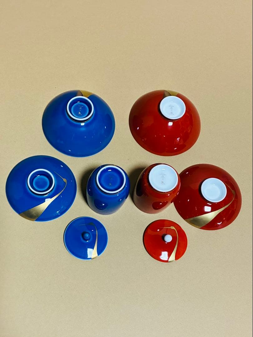 新品】有田焼 深川製磁 睦揃 夫婦鶴 夫婦蓋付茶碗、蓋付湯呑 各2個 木