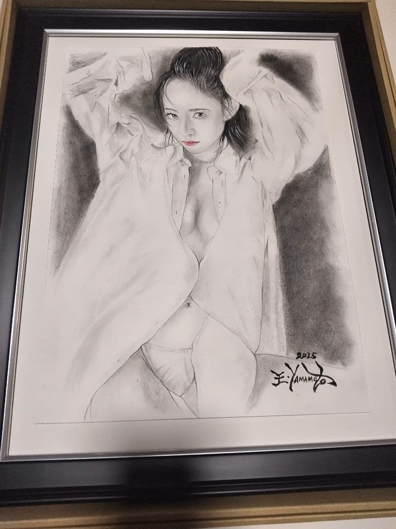 裸婦、美人画、絵画4F、Yシャツ山本英二、真作、肉筆、新品額縁、1点物、高塚省吾