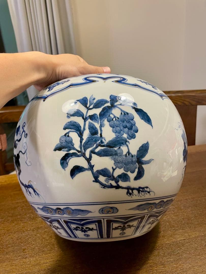 人間国宝 山本長左 九谷焼 染付 花瓶 藍九谷 宮内庁御用達 花器 花生 壷