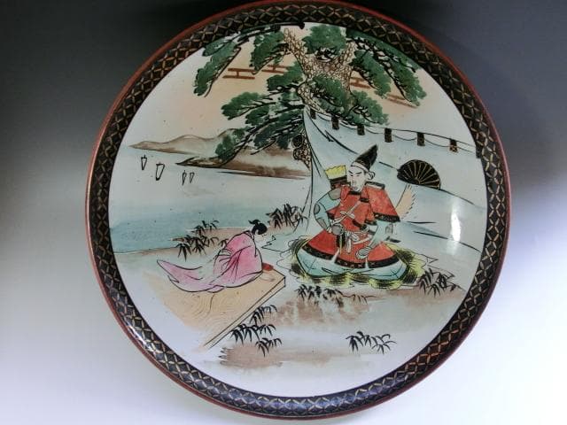 大皿●古い九谷焼き 武士 3枚セット 侍 松 侍 明治期 骨董品■40.0cm