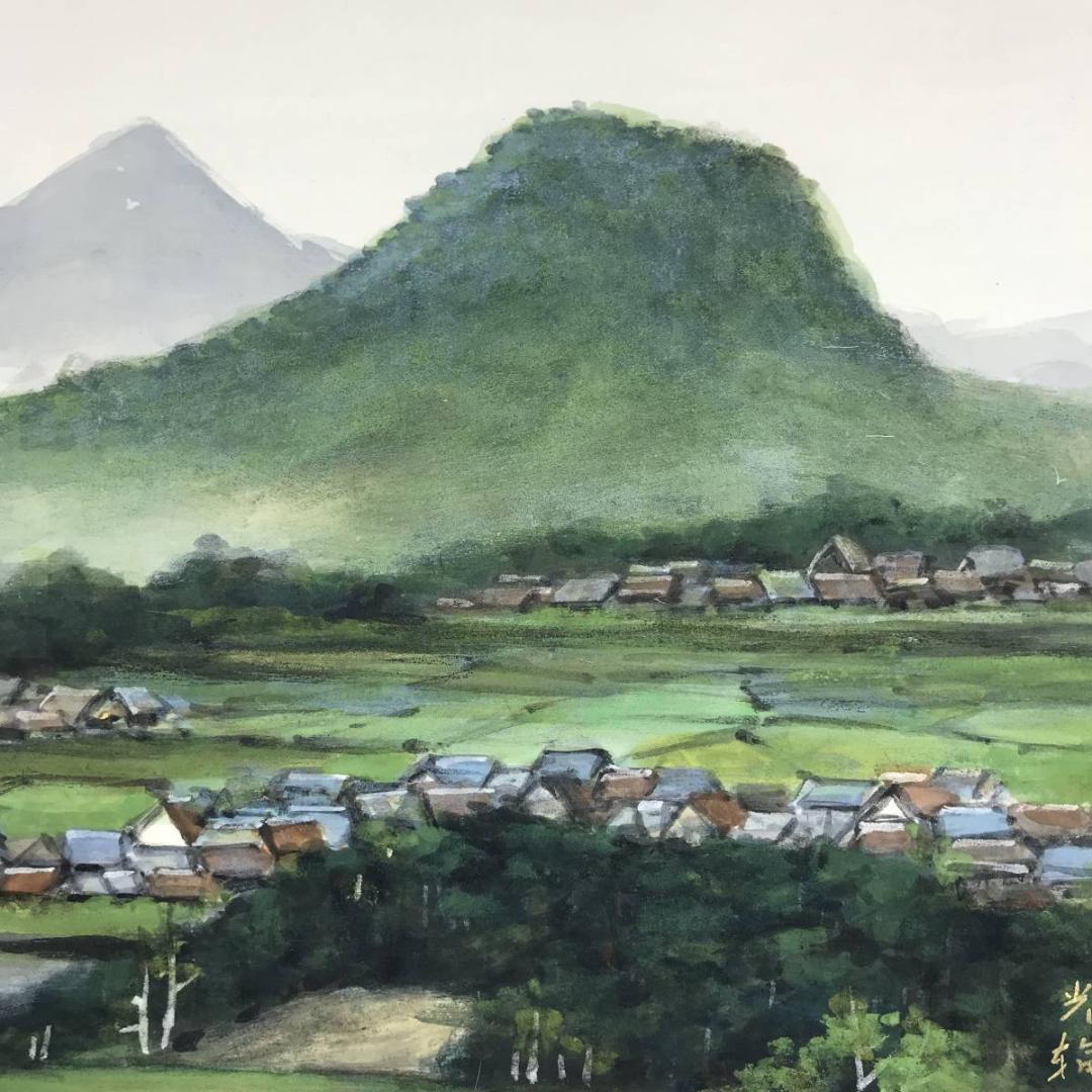 真作】中島光輪/青緑山水図/風景図/横物/飛鳥の里/掛軸