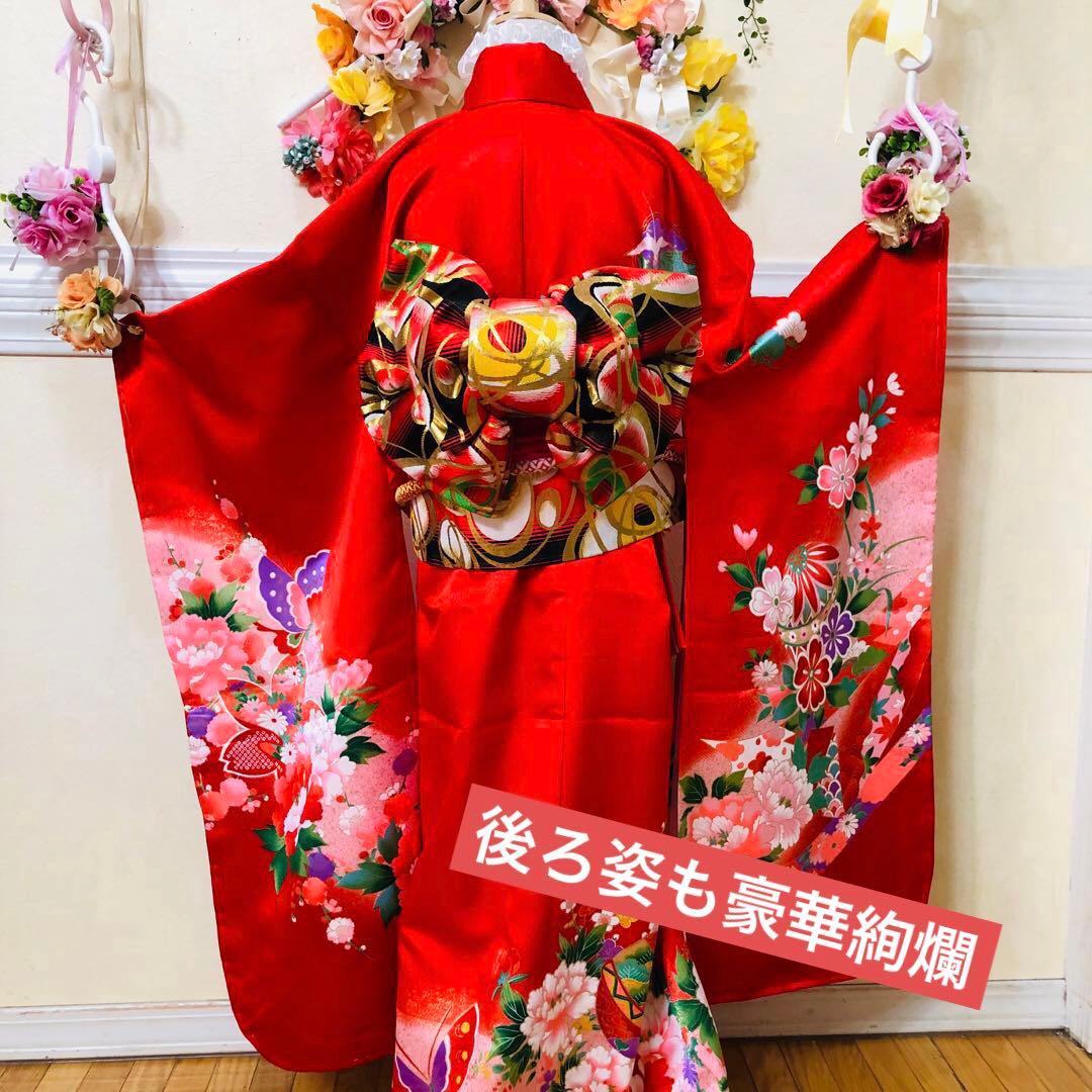 七五三七歳❣️四つ身着物光沢地未使用⭐︎赤地手毬花金彩煌びやか絢爛⭐︎完全フルセット