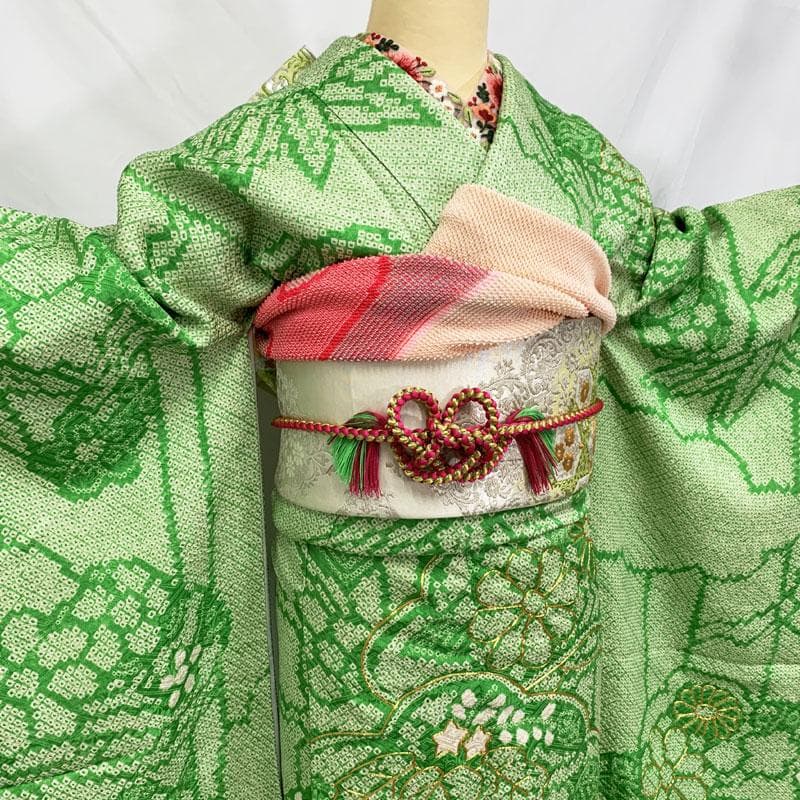 407aj85☆ジュニア振袖＆袋帯 総絞り 金駒刺繍 成人式 十三参り