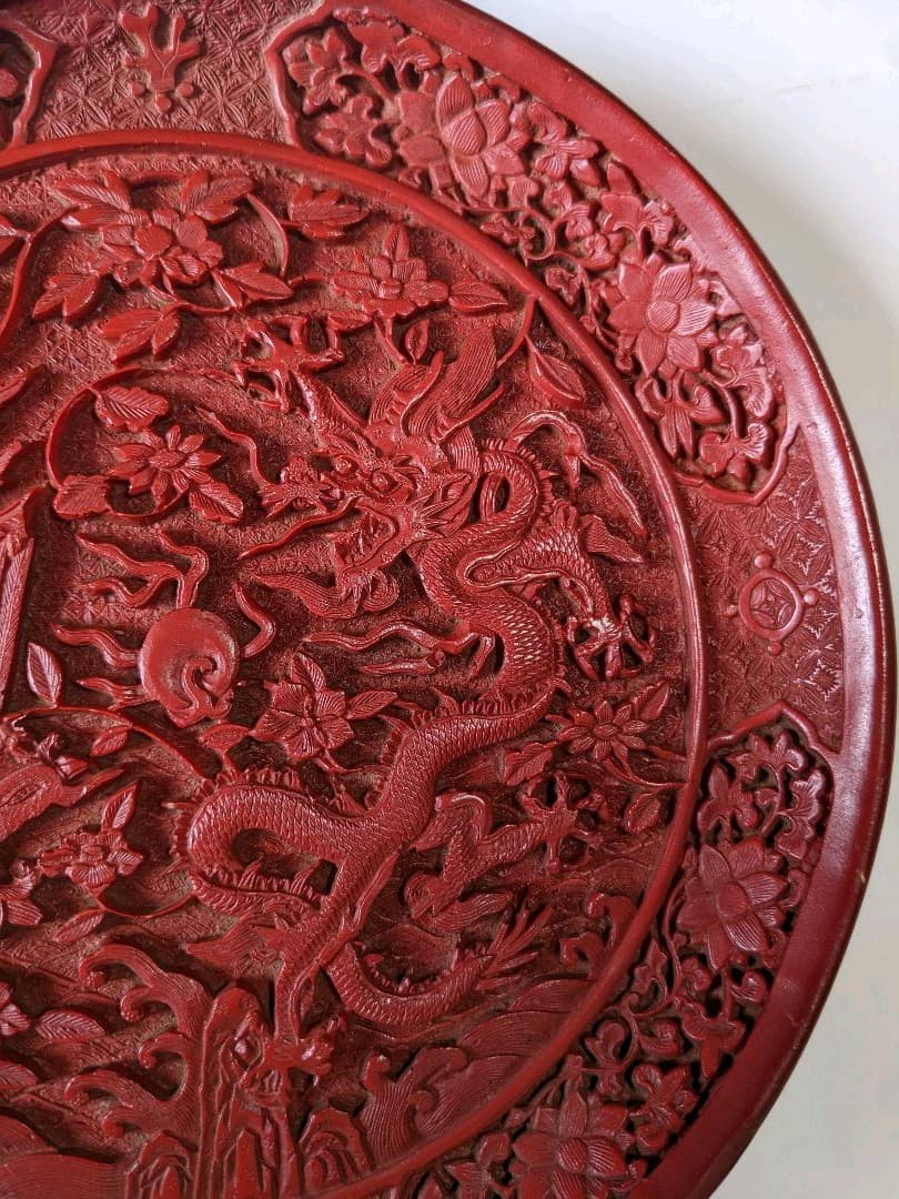 ♢古玩 大明嘉靖年 堆朱 彫漆 盆 盤 中国伝統美術工芸品 漆器