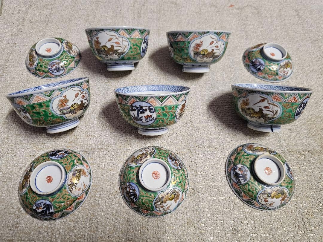 幕末明治 丸福 伊万里染錦蓋付き茶碗 五客 セット