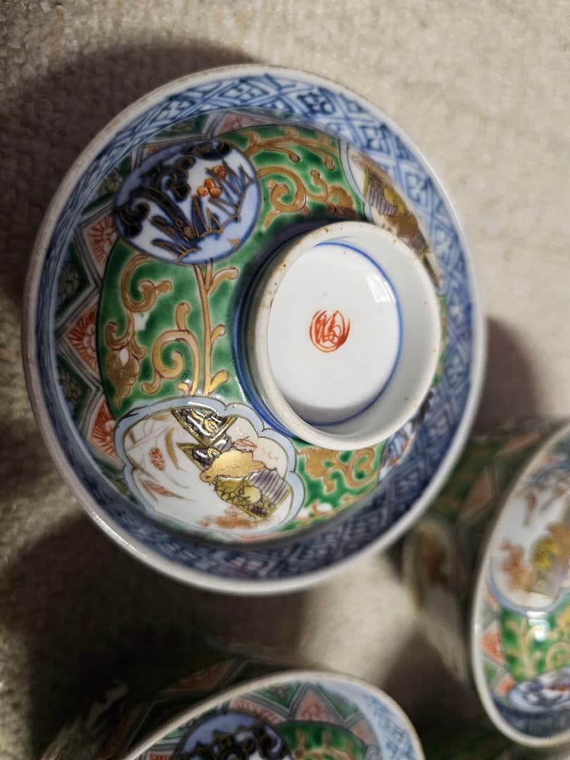 幕末明治 丸福 伊万里染錦蓋付き茶碗 五客 セット