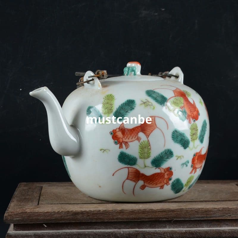 手画パステル金魚壺 提梁壺 茶壺 景徳鎮 陶磁器 煎茶器 現代工芸品