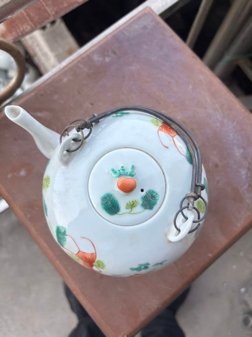 手画パステル金魚壺 提梁壺 茶壺 景徳鎮 陶磁器 煎茶器 現代工芸品