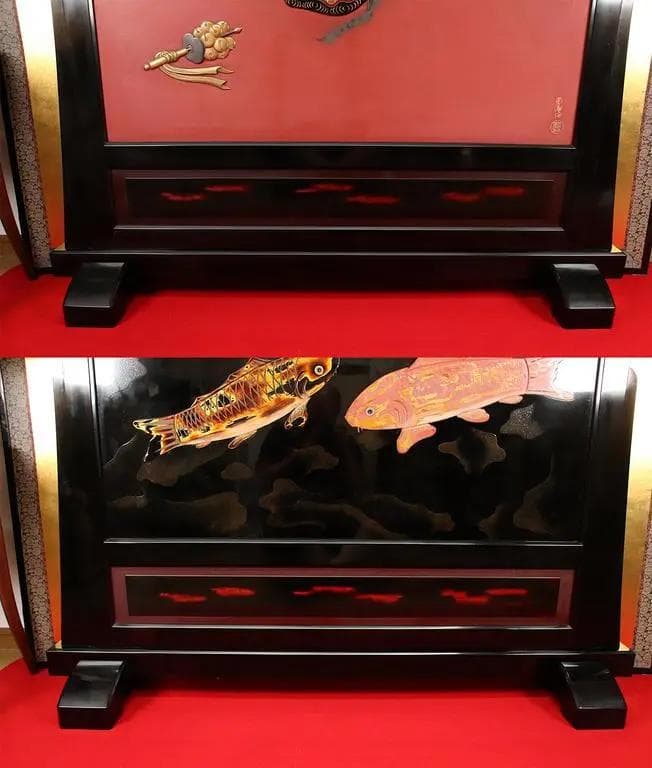 BA01 富山最高峰　蒔絵師　名工 中村尚濤済 作　漆蒔絵　衝立　桜獅子福鈴鯉