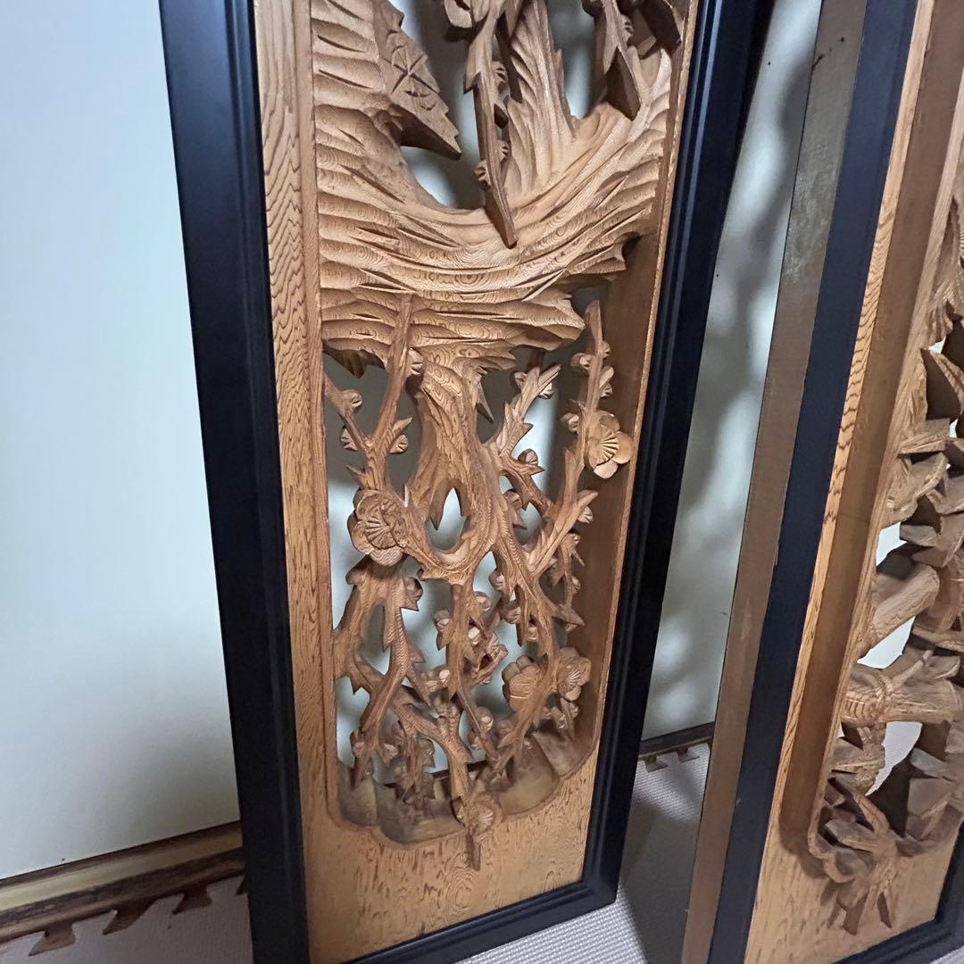 欄間 屋久杉 高級材笹杢 松竹梅 2枚 銘有り 伝統工芸 木彫り 古