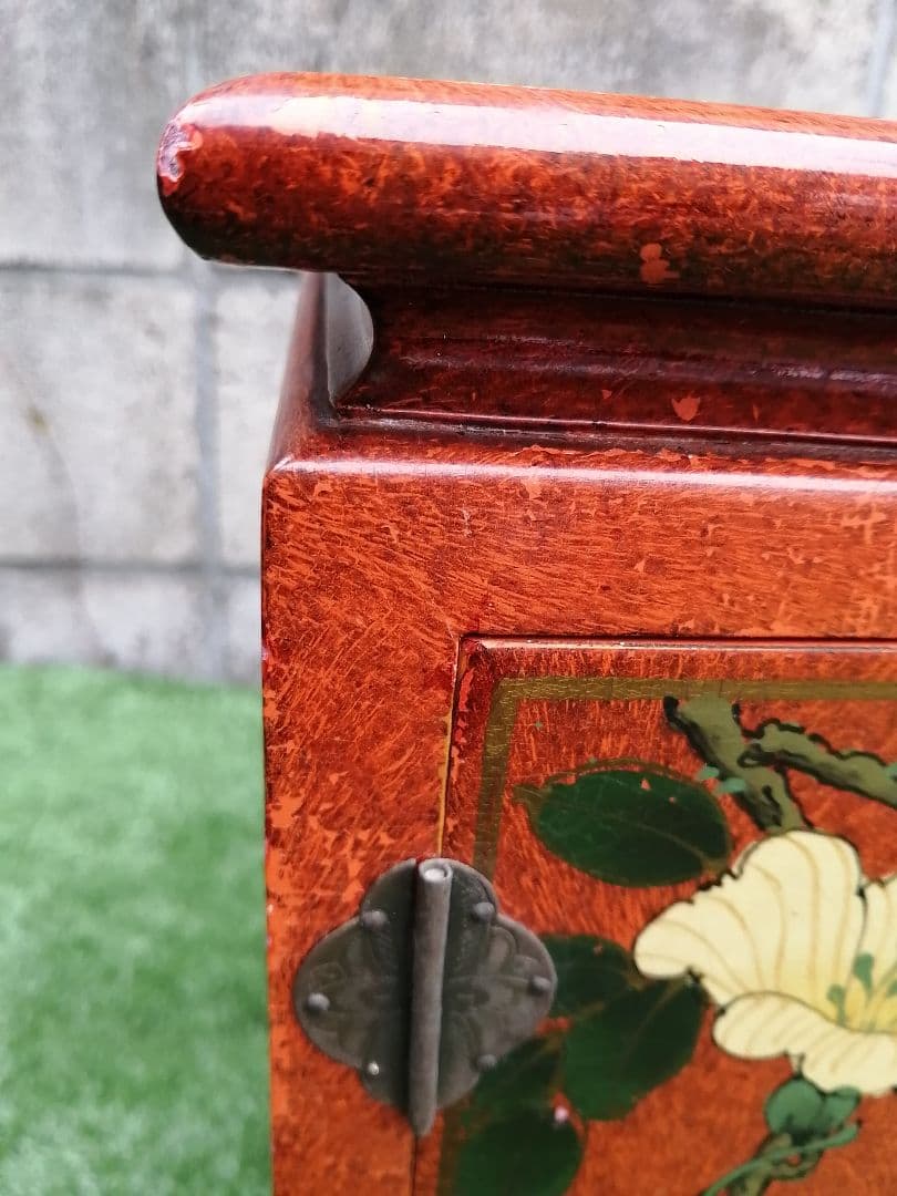 ヴィンテージ 花柄 小型木製箪笥 シノワズリ 漆塗り アジアン 李朝