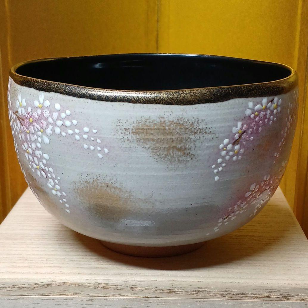 茶道具 茶碗 壱休窯 三春の滝桜 窪田常之作 Bol à thé matcha
