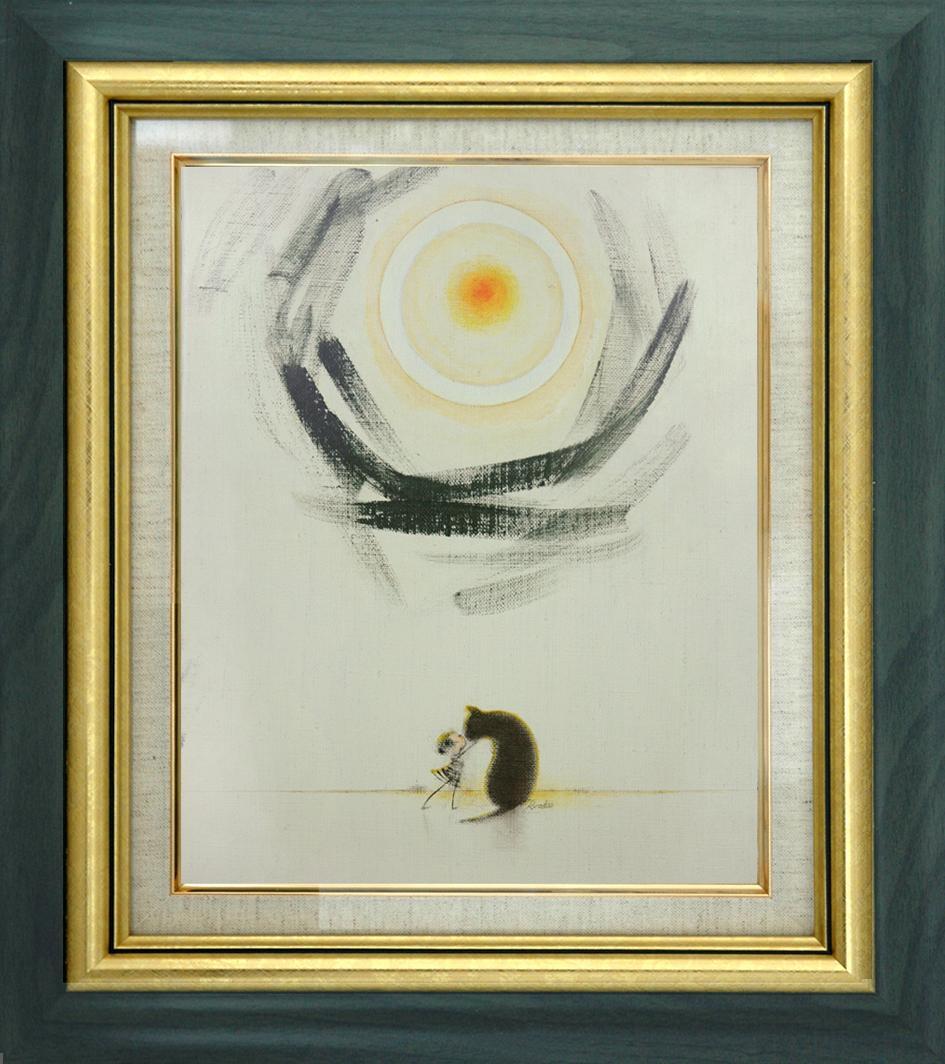 油絵 菅家令子 絵 絵画インテリア額付(銀) F3-092018 子犬子猫女の子