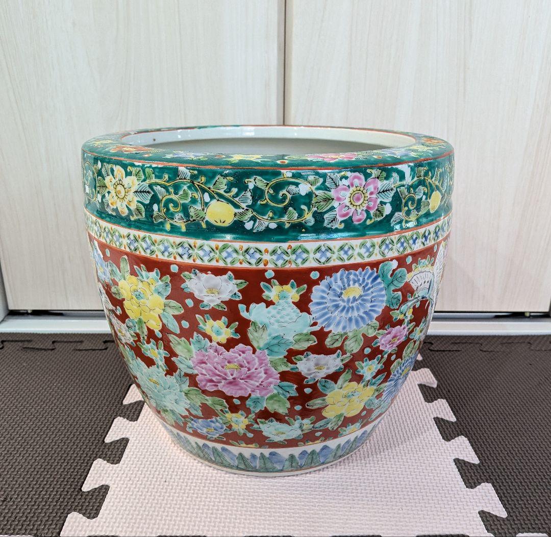 十錦手色絵 花・蝶 火鉢 年代物