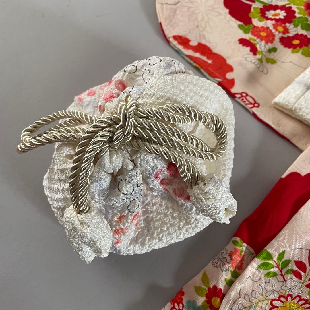 七五三　3歳　正絹　アンティークお着物セット　総絞り被布　ハンドメイド　巾着