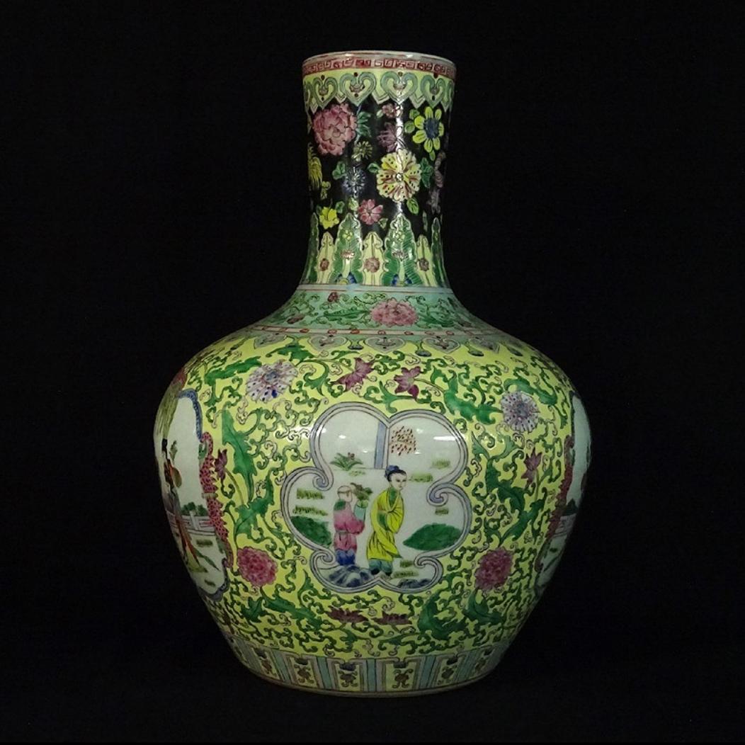 中国古玩 粉彩 天球瓶 大花瓶 高約52cm 時代物 唐物 x031135