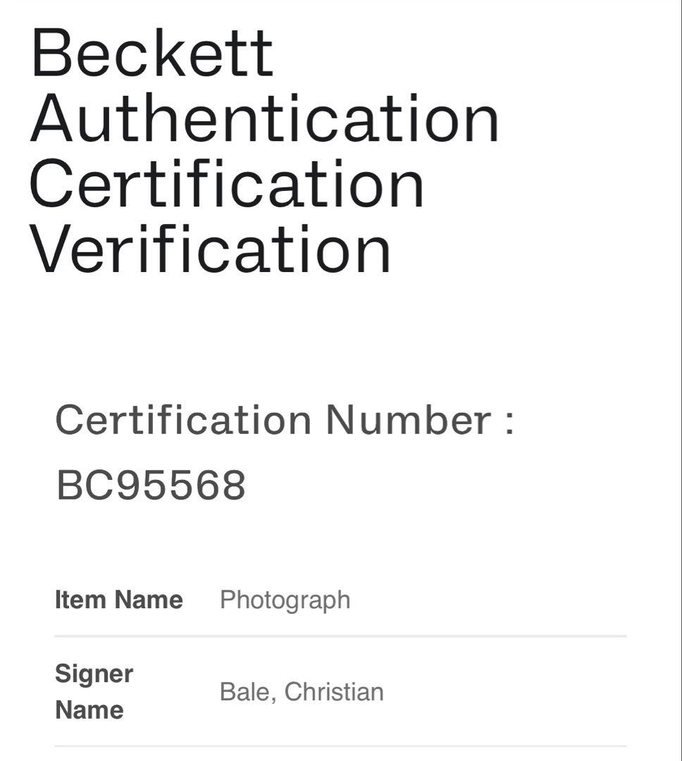 ベケット鑑定済み クリスチャン・ベール 直筆サイン入りフォト