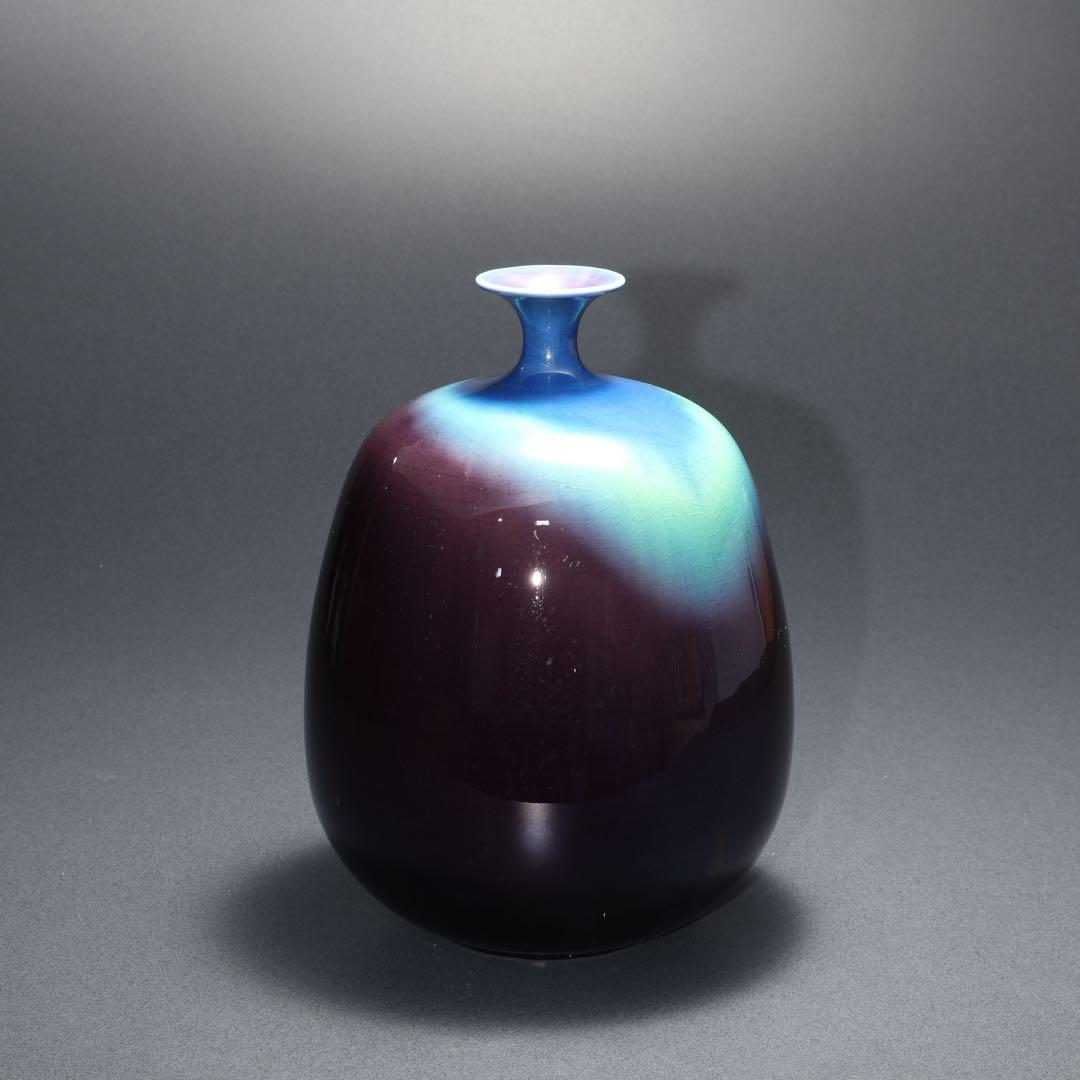 三代徳田八十吉 正彦 碧明釉壺 共箱 九谷 R1634ラ3