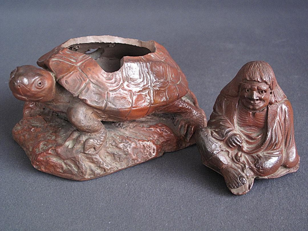 値下げ‼️ 時代!! 天保赤備前『亀に仙人香炉』珍しい細工物　高13㎝ 時代!! 天保赤備前『亀に仙人香炉』珍しい細工物高13㎝