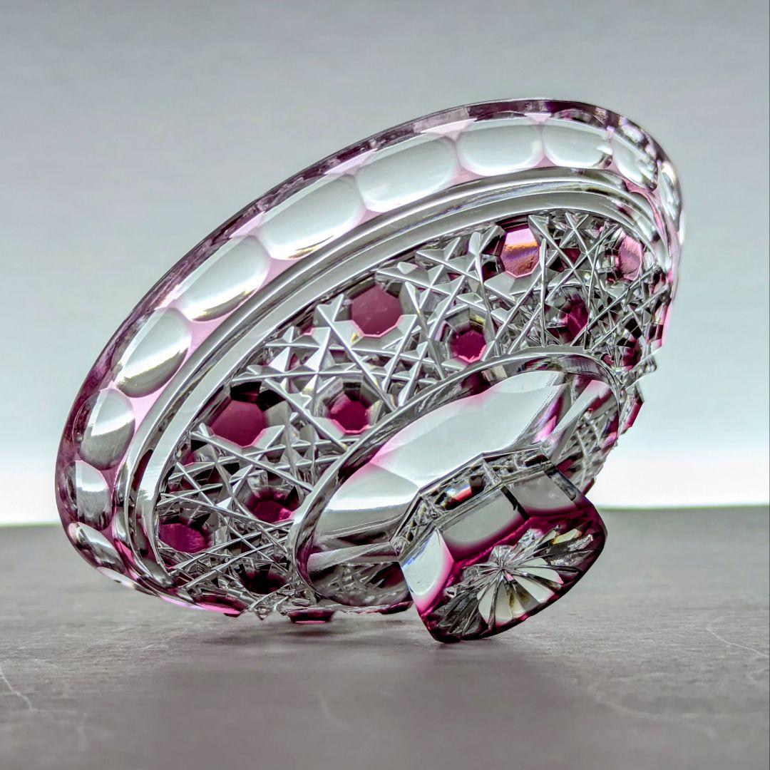 江戸切子 堀口硝子✩秀石 金赤色被せ 八角籠目 蓋物 【 美品 】 薩摩