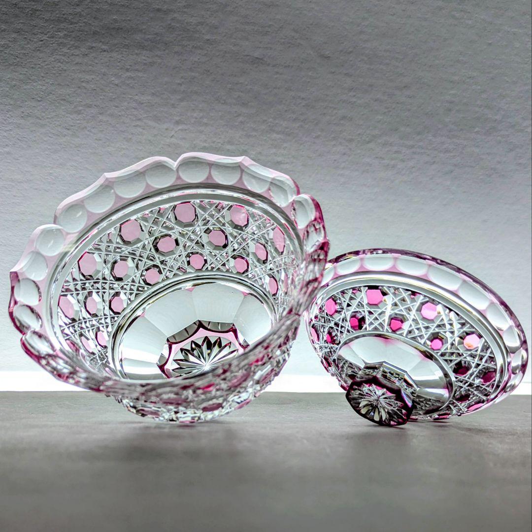 江戸切子 堀口硝子✩秀石 金赤色被せ 八角籠目 蓋物 【 美品 】 薩摩