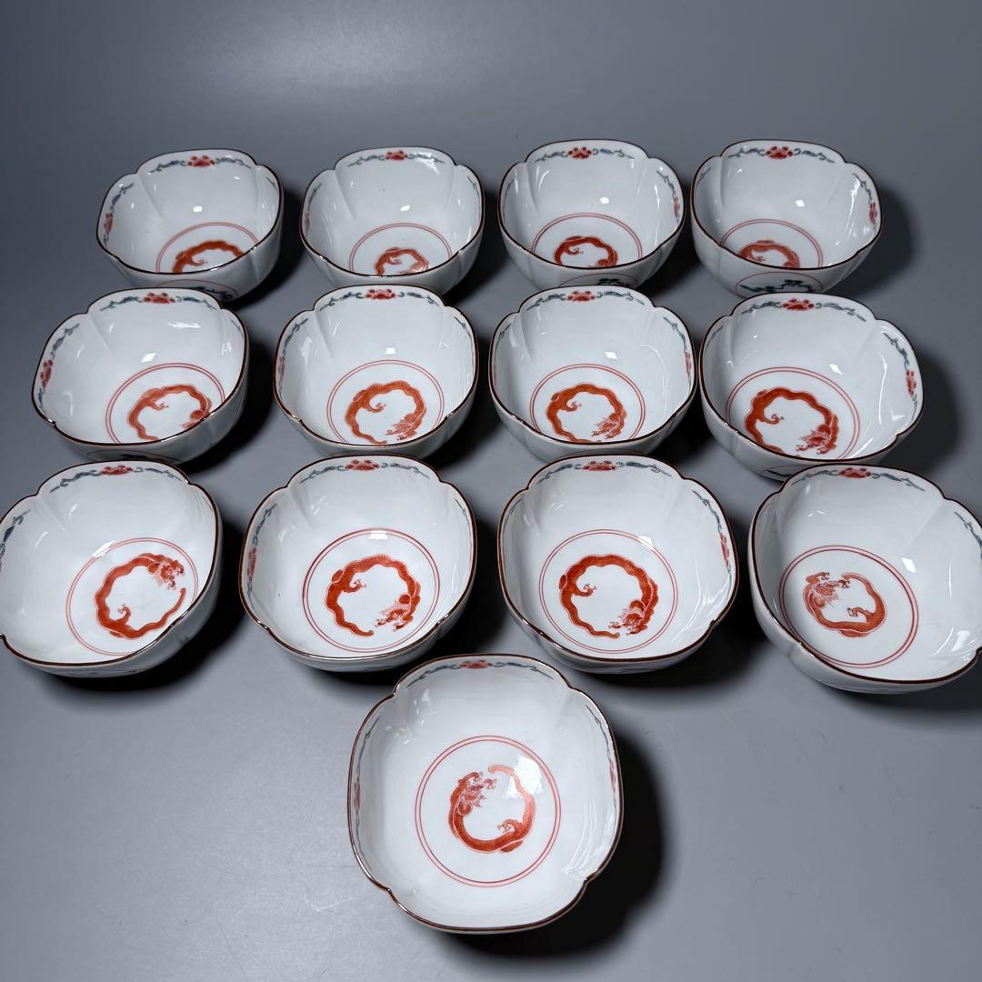 古伊万里 柿右衛門様式 向付 13客 赤絵龍図 竹に紅葉