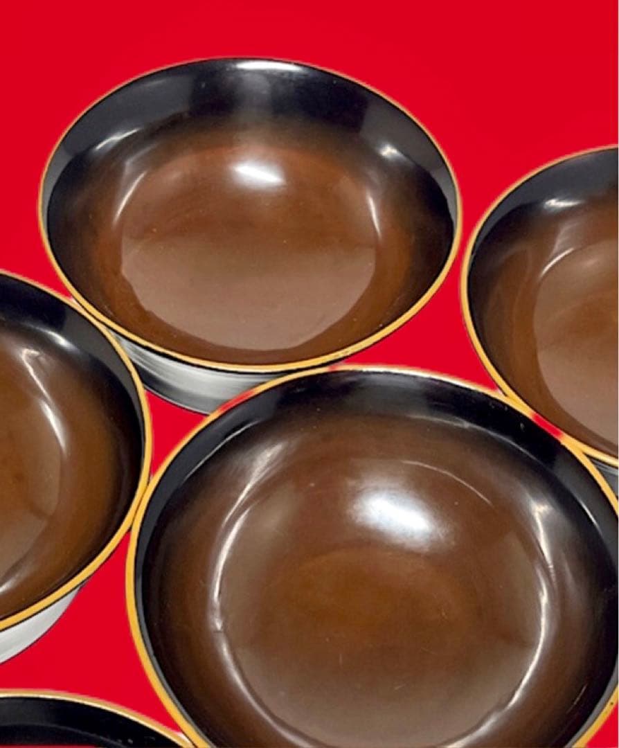 角形 螺鈿細工 漆器6客 金赤蒔絵蝶文 50年前 送込