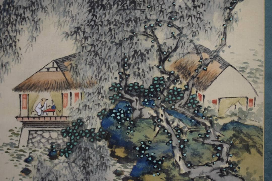 真作/河村虹外/山水人物図/絹表装/桐共箱付/布袋屋掛軸HH-661