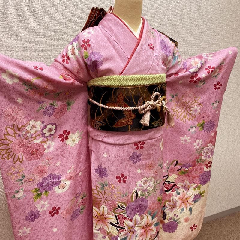 502aj18◎振袖＆袋帯 金彩 刺繍 花文様 成人式 結婚式 十三参り◎