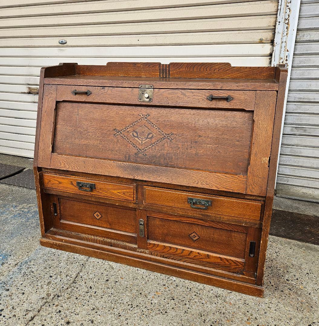 日本のアンティーク 古いライティングビューロー 帳場机 収納棚 明治