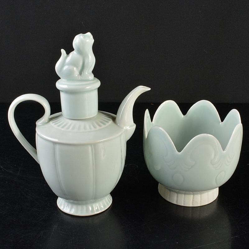 中国 影青 神獣摘 執壷 水注 輪花鉢 2点まとめて 時代箱付 M R6422B