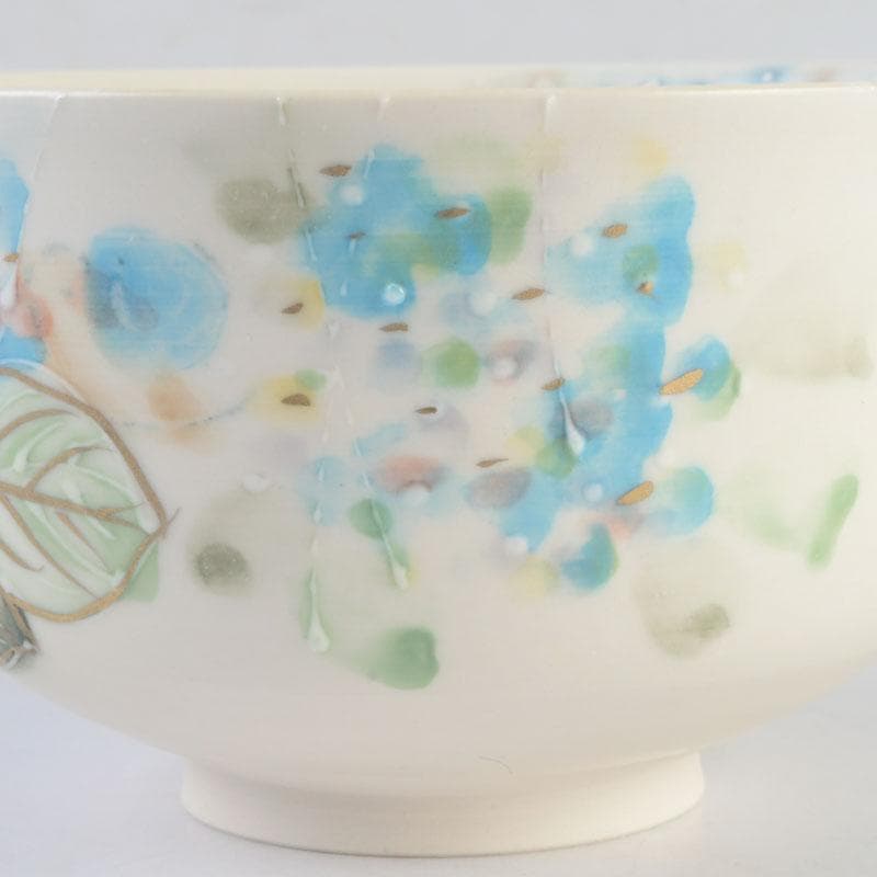 茶道具 京焼 橋本永豊作 色絵 紫陽花文 イッチン茶碗 共箱 V 9650