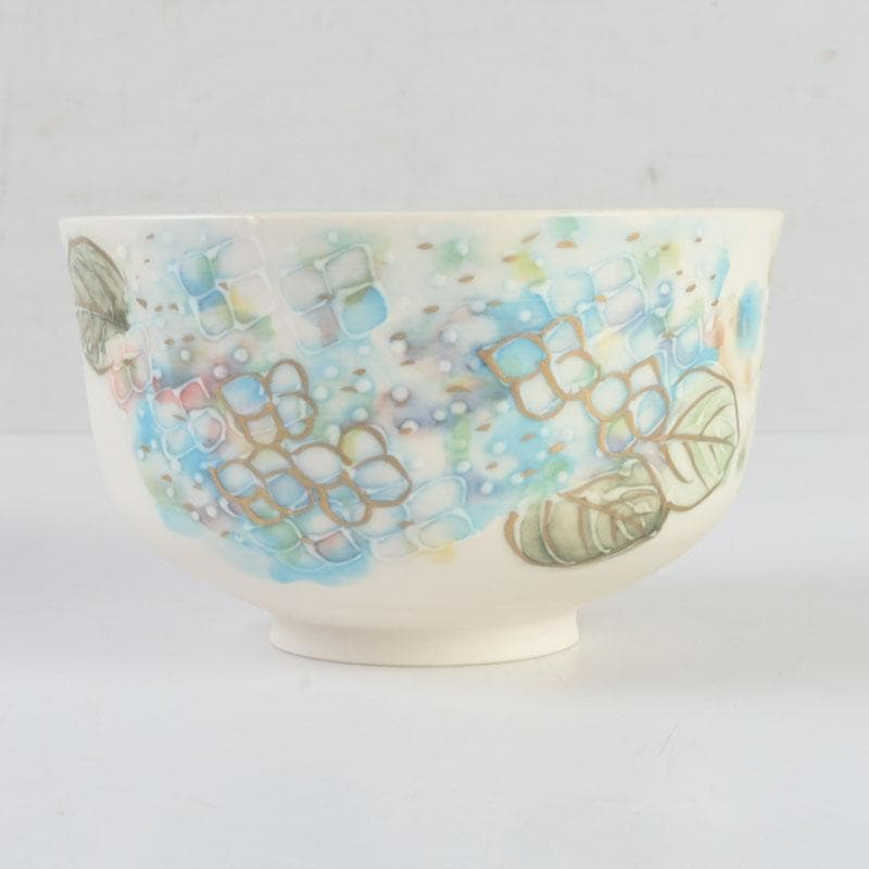 茶道具 京焼 橋本永豊作 色絵 紫陽花文 イッチン茶碗 共箱 V 9650