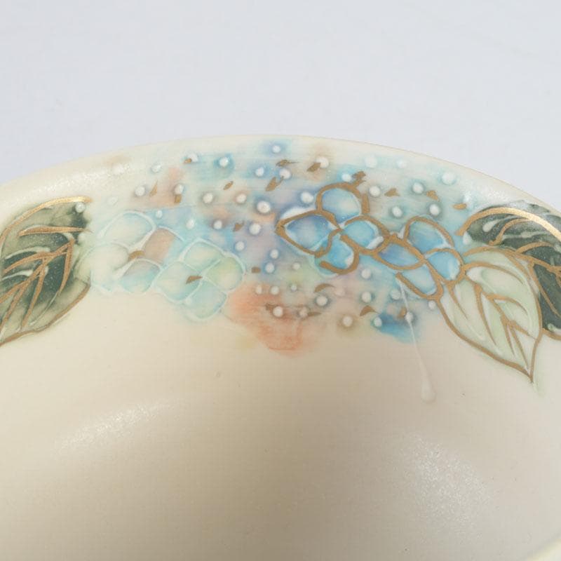 茶道具 京焼 橋本永豊作 色絵 紫陽花文 イッチン茶碗 共箱 V 9650