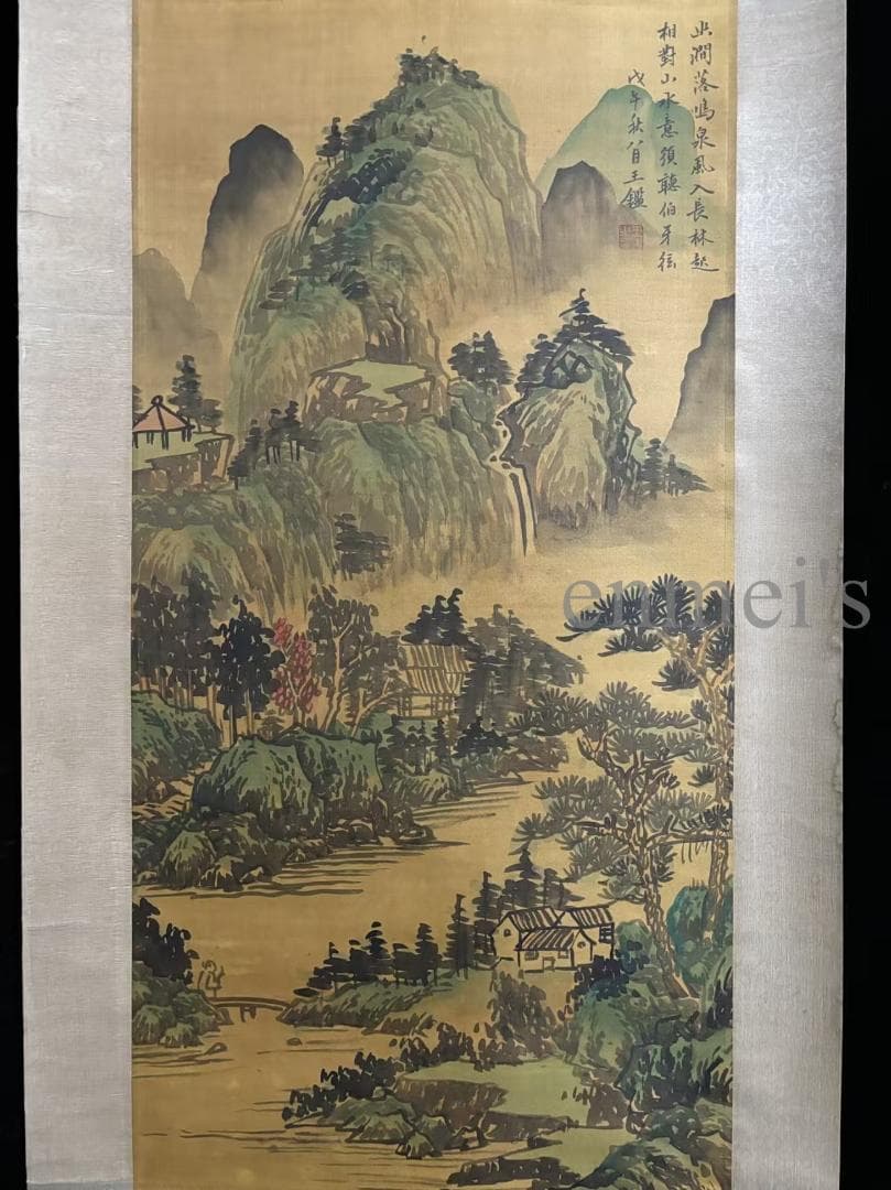 中国古美術 近時代 王鑑 水墨画 山水風景 巻物三尺 絹本 掛け軸 唐