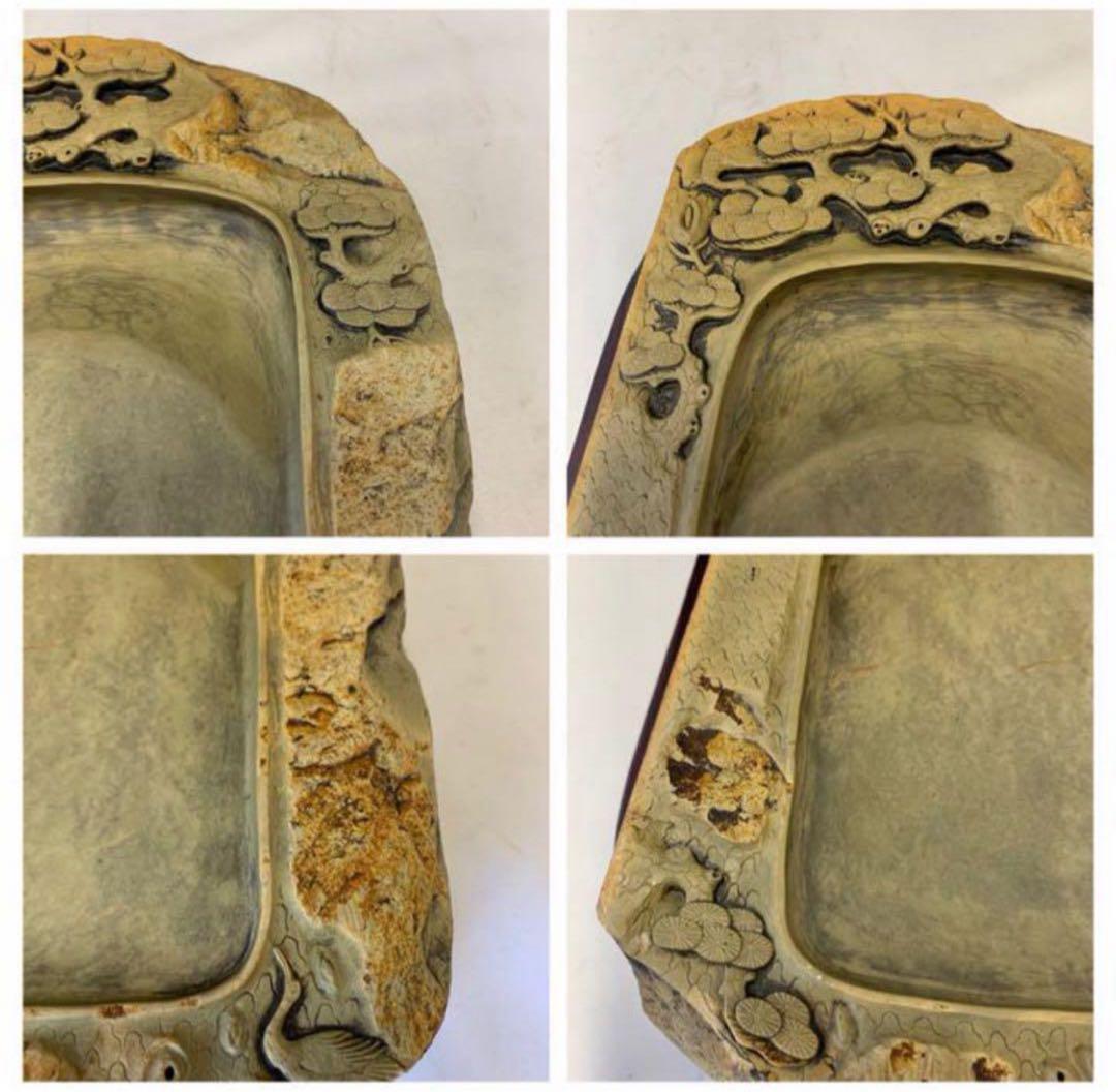 [極上珍品]房具 中国　清時代　古美術　硯紫檀蓋付き 松鶴綠端溪文房具