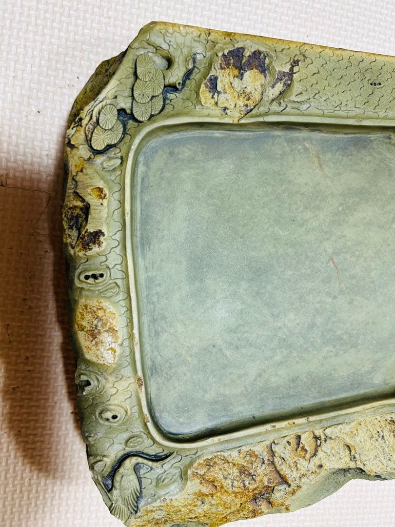 [極上珍品]房具 中国　清時代　古美術　硯紫檀蓋付き 松鶴綠端溪文房具