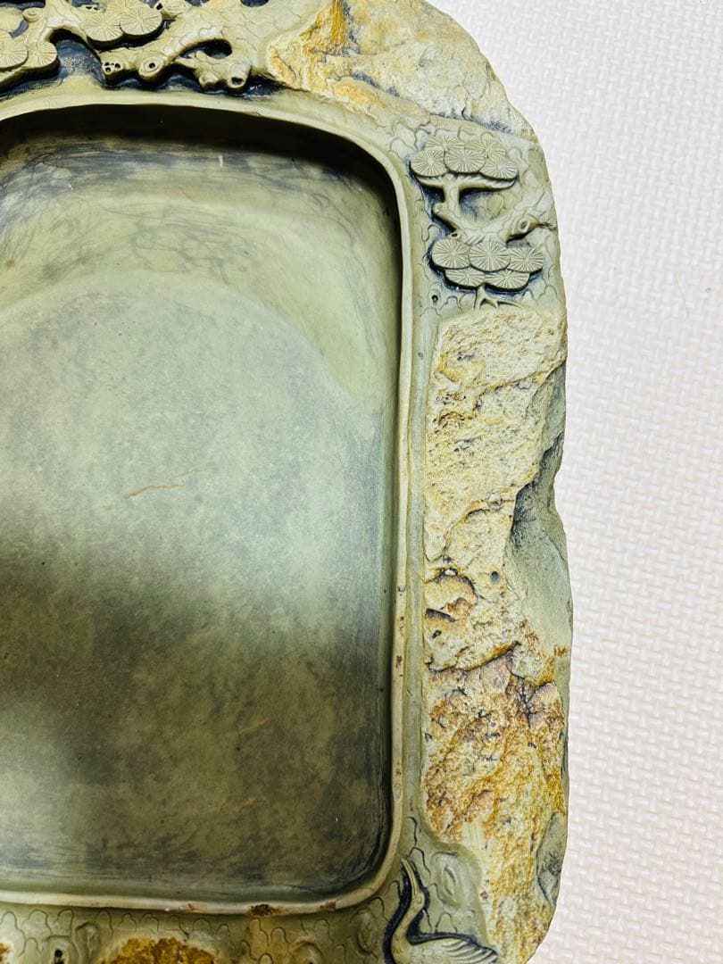 [極上珍品]房具 中国　清時代　古美術　硯紫檀蓋付き 松鶴綠端溪文房具