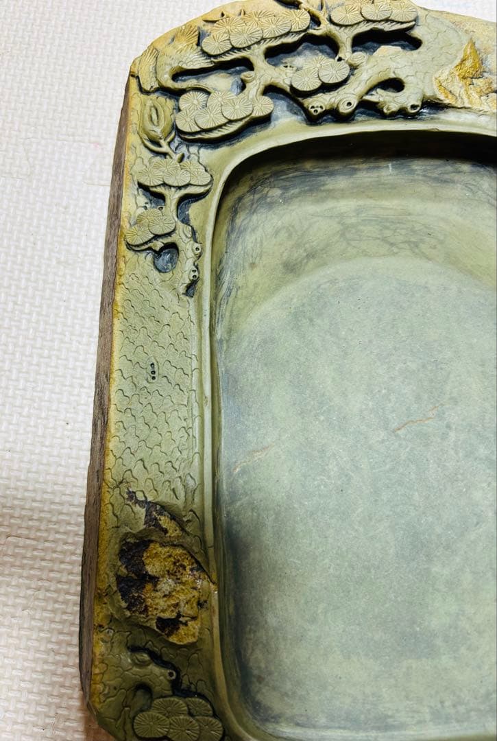 [極上珍品]房具 中国　清時代　古美術　硯紫檀蓋付き 松鶴綠端溪文房具