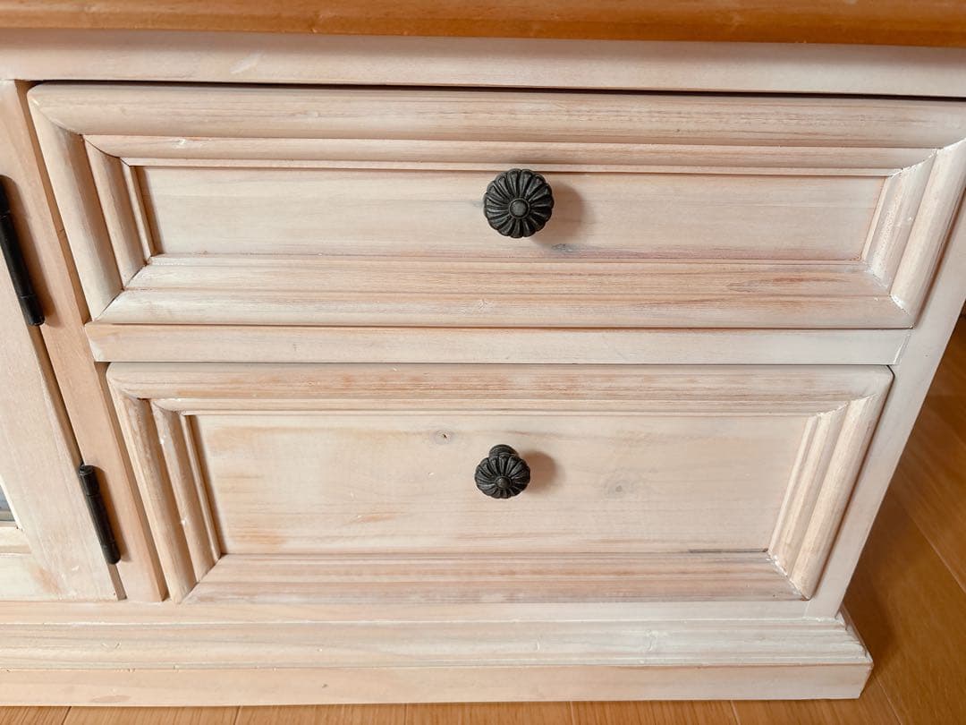 木製テレビ台 引き出し4つ ガラス扉付き フレンチカントリー風 150センチ