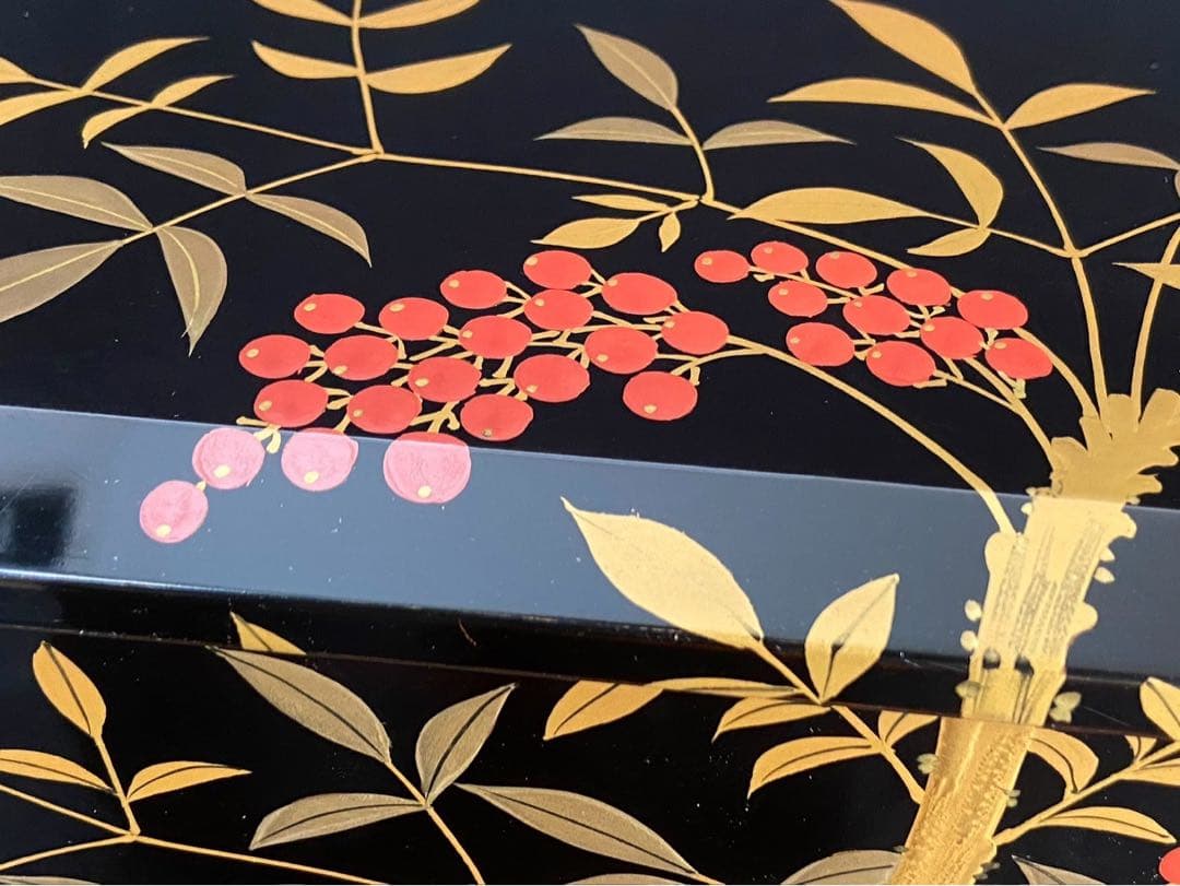 時代 南天蒔絵 黒塗内朱 五段重箱 二枚蓋 共箱 江戸末期 底梨地 / 輪島塗