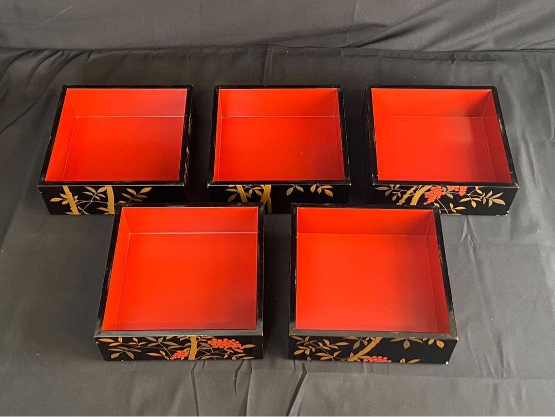 時代 南天蒔絵 黒塗内朱 五段重箱 二枚蓋 共箱 江戸末期 底梨地 / 輪島塗