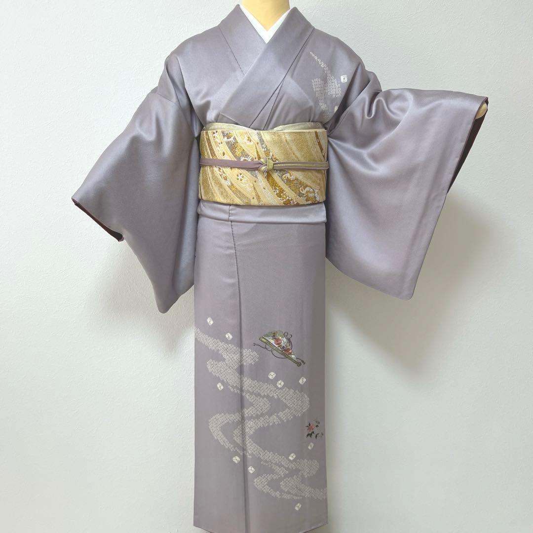 15 訪問着フルセット 正絹 薄紫 パープル 刺繍 絞り お上品 ゆったりサイズ