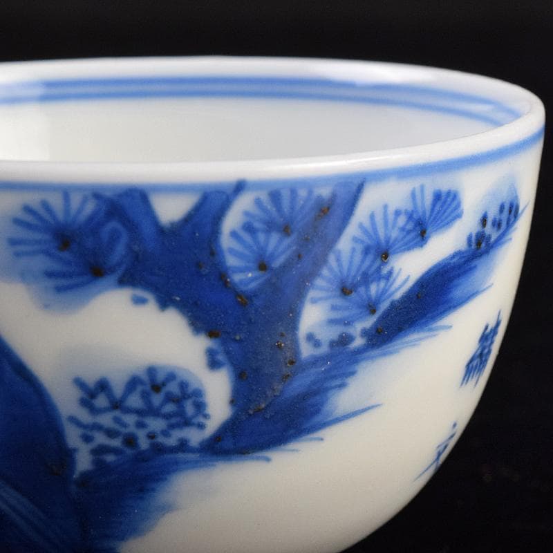 中国 青花 漢詩山水人物文 煎茶碗 時代箱付 V R9489