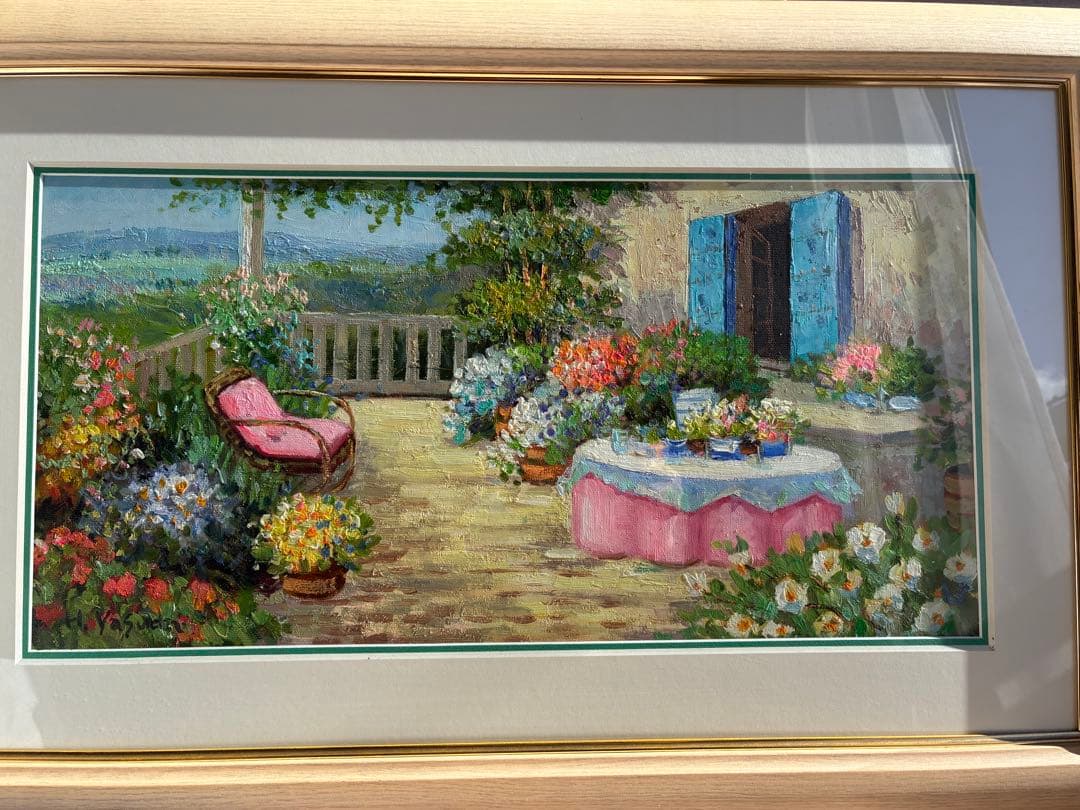 安田英明 油彩画「花咲くテラス」額縁付き
