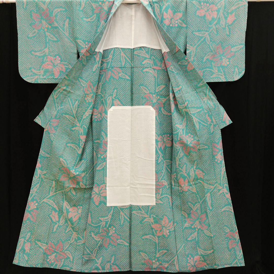有松鳴海絞り浴衣　(ユリ紋様　未使用　裄たっぷり　翡翠色系)