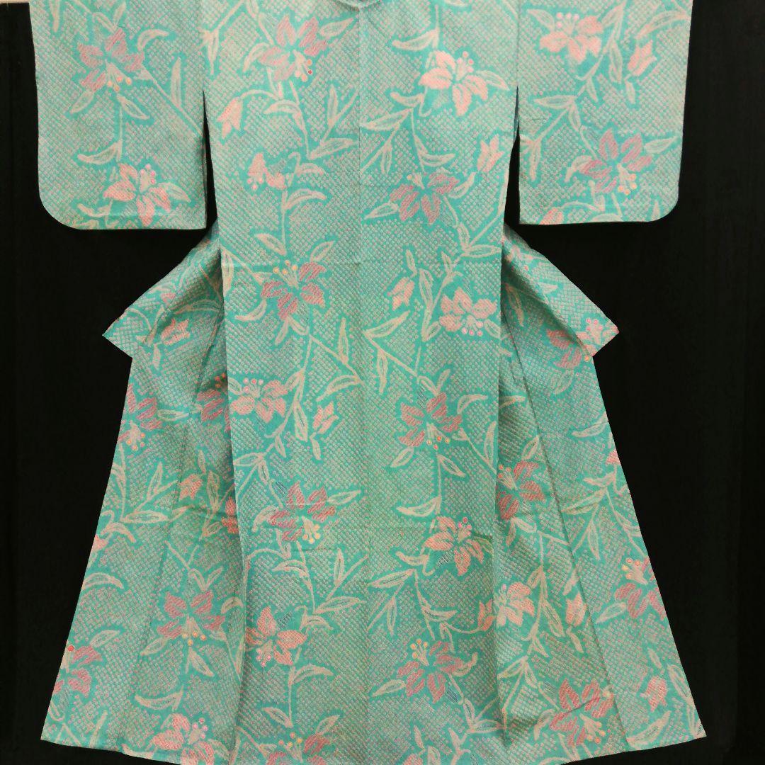 有松鳴海絞り浴衣　(ユリ紋様　未使用　裄たっぷり　翡翠色系)