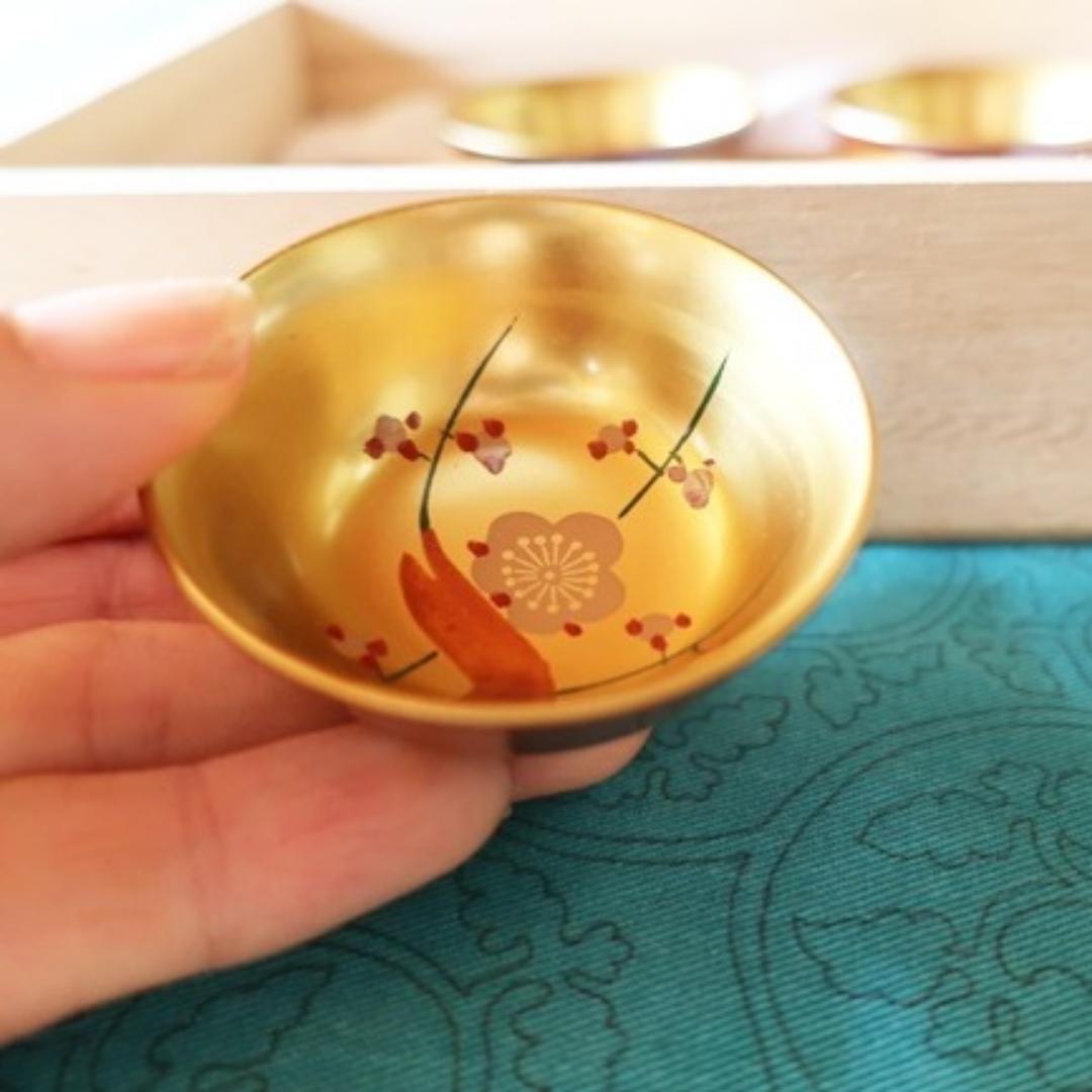 会津漆器 ぐいのみ 金地 1.8 小盃 鶴亀松竹梅 (手描)日本製