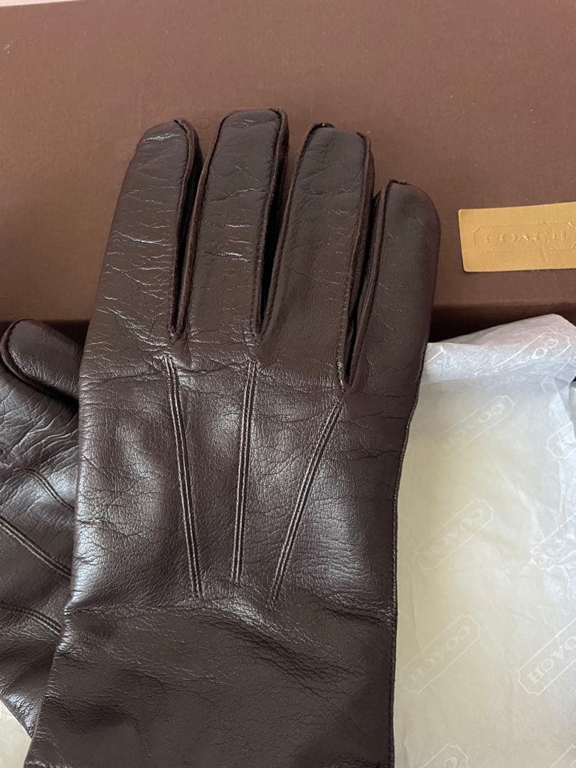 美品】COACHダークブラウン レザーカシミヤ手袋L 専用箱付12時間以内