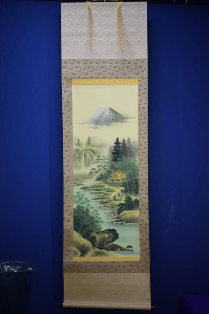 真作/陽山/富士/青緑山水人物図/的当て/弓道/布袋屋掛軸HJ-761